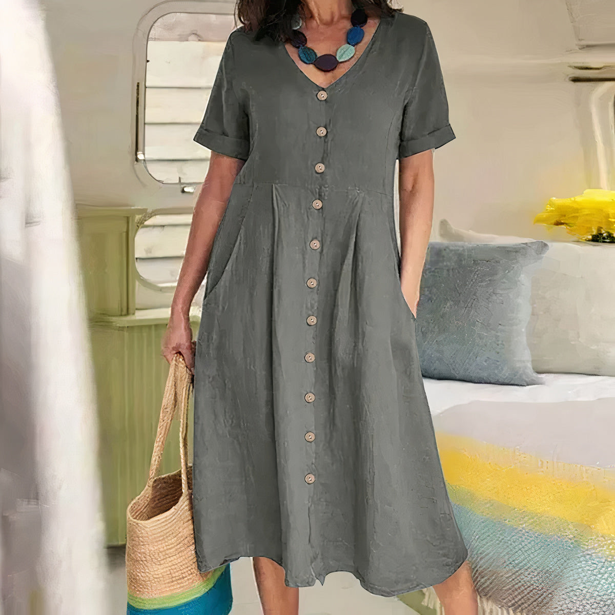 Women's Button-Up Midi Dress – V-Neck Summer Dress