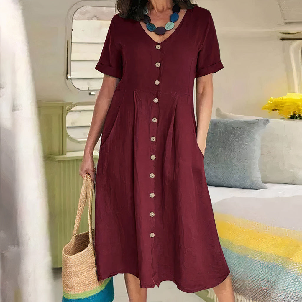 Women's Button-Up Midi Dress – V-Neck Summer Dress