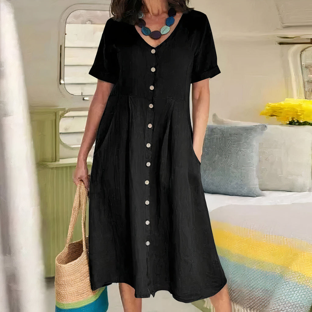 Women's Button-Up Midi Dress – V-Neck Summer Dress