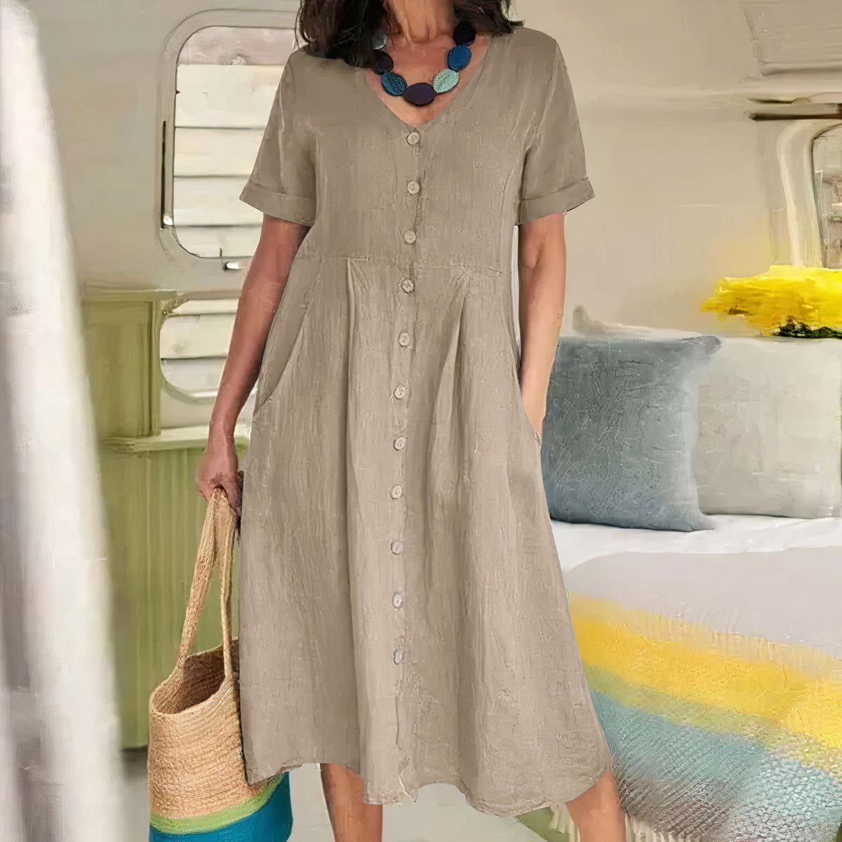 Women's Button-Up Midi Dress – V-Neck Summer Dress