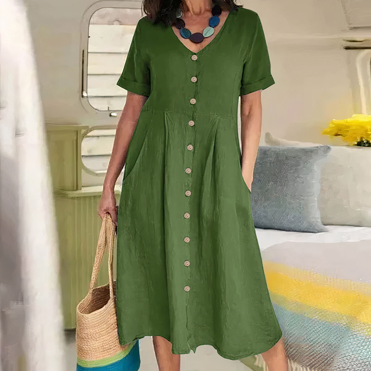 Women's Button-Up Midi Dress – V-Neck Summer Dress