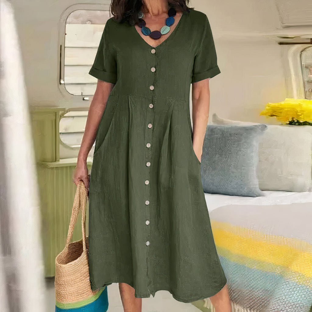 Women's Button-Up Midi Dress – V-Neck Summer Dress