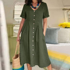 Women's Button-Up Midi Dress – V-Neck Summer Dress