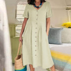 Women's Button-Up Midi Dress – V-Neck Summer Dress