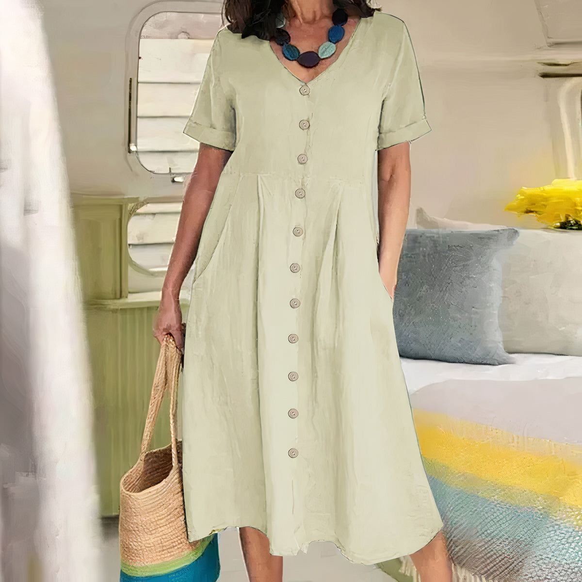 Women's Button-Up Midi Dress – V-Neck Summer Dress