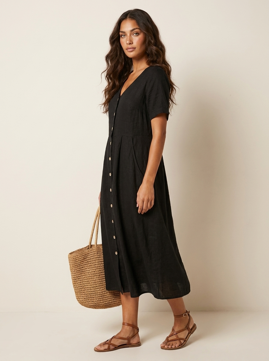 Women's Button-Up Midi Dress – V-Neck Summer Dress