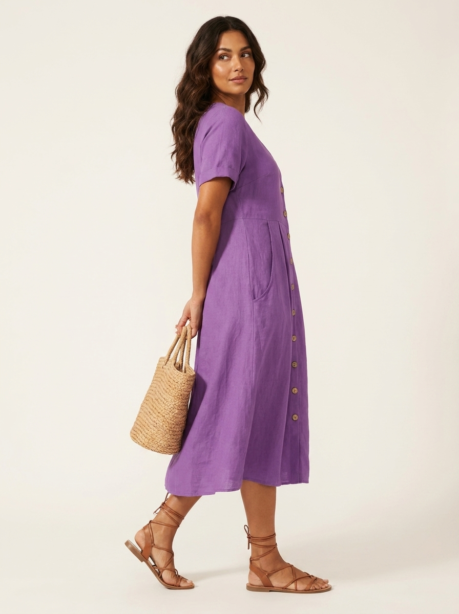 Women's Button-Up Midi Dress – V-Neck Summer Dress