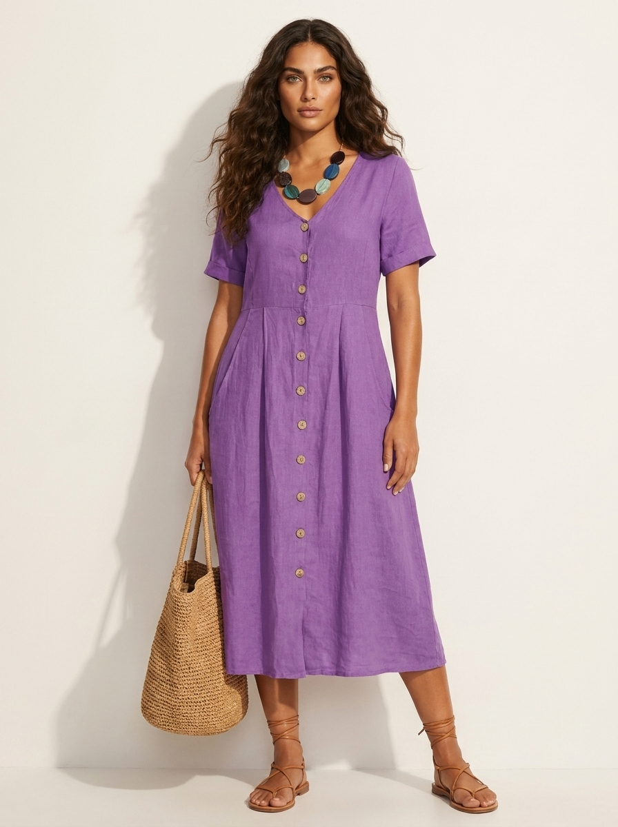 Women's Button-Up Midi Dress – V-Neck Summer Dress