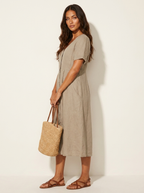 Women's Button-Up Midi Dress – V-Neck Summer Dress