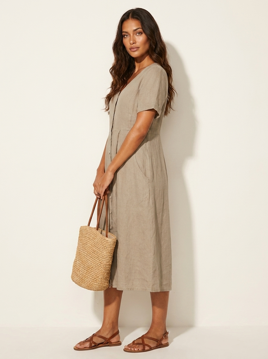Women's Button-Up Midi Dress – V-Neck Summer Dress