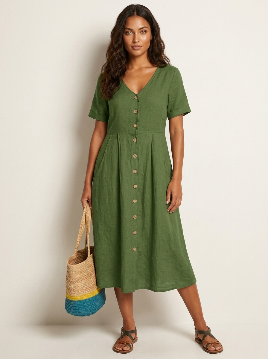Women's Button-Up Midi Dress – V-Neck Summer Dress