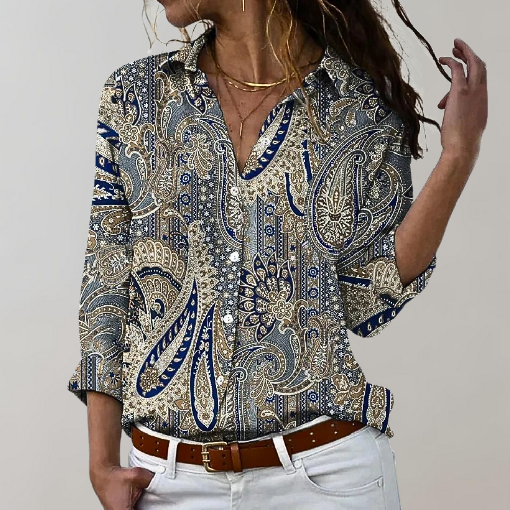 Women's Pattern Print Blouse – Relaxed Long Sleeve Statement Blouse