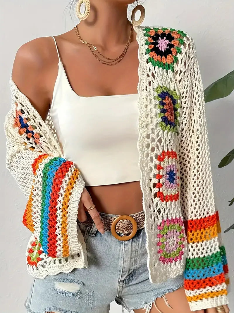 Women's Boho Crochet Cardigan – Open Front Beach Cover-Up