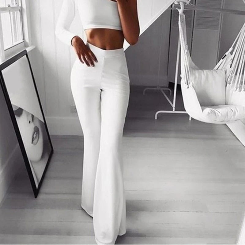 Women's High Waist Flared Trousers – Stretch Pull-On Fitted Pants