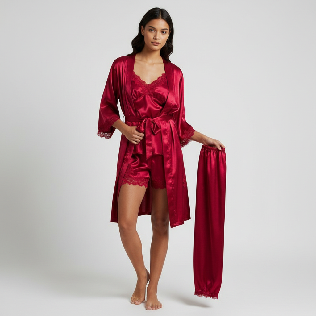 Women's Satin Pajama Set – Lace Sleepwear Set
