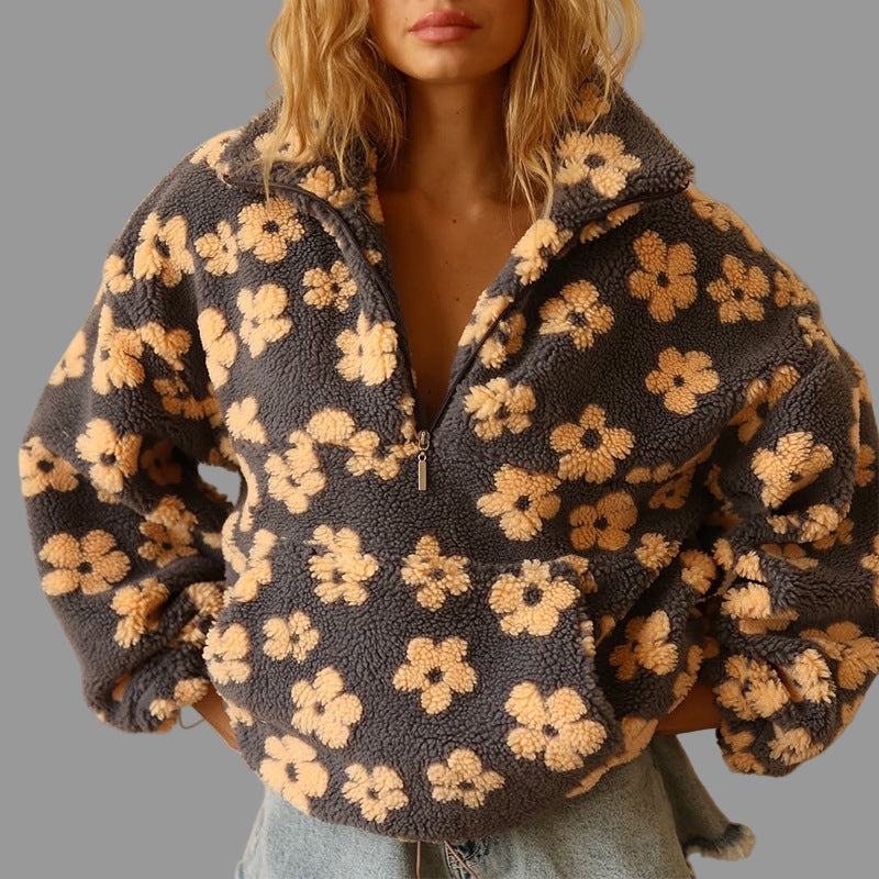 Women's Floral Sherpa Sweater – Oversized Boho Print Pullover