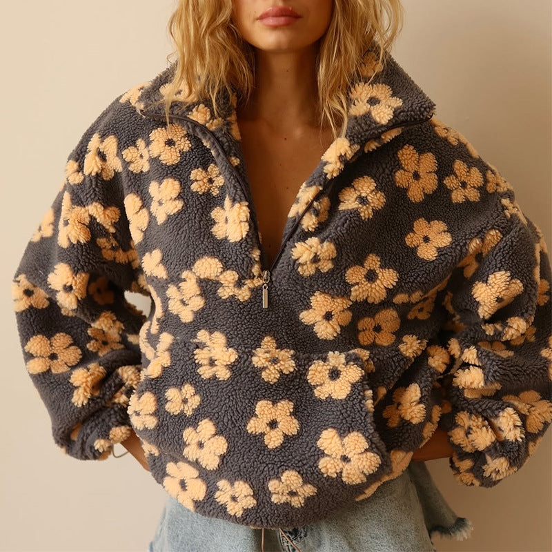 Women's Floral Sherpa Sweater – Oversized Boho Print Pullover