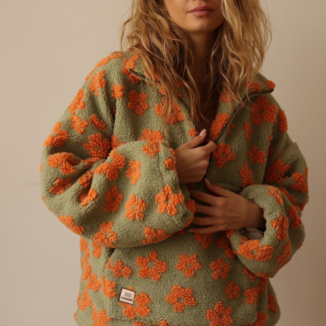 Women's Floral Sherpa Sweater – Oversized Boho Print Pullover