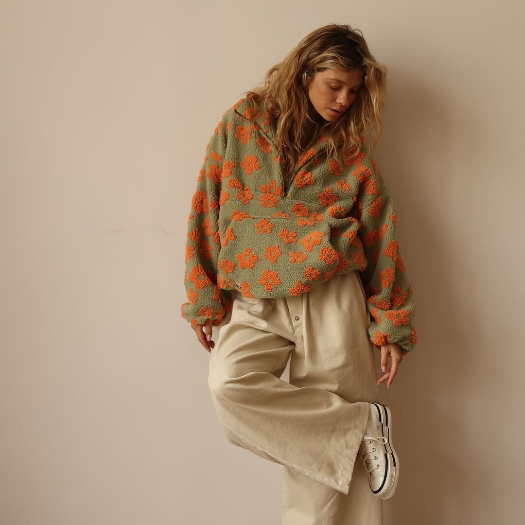 Women's Floral Sherpa Sweater – Oversized Boho Print Pullover