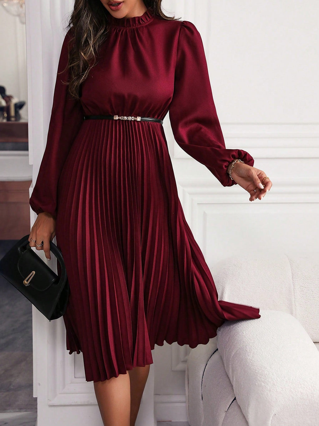 Women's Lantern Sleeve Maxi Dress – Pleated Hem Belted A-Line Dress