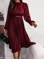 Women's Lantern Sleeve Maxi Dress – Pleated Hem Belted A-Line Dress