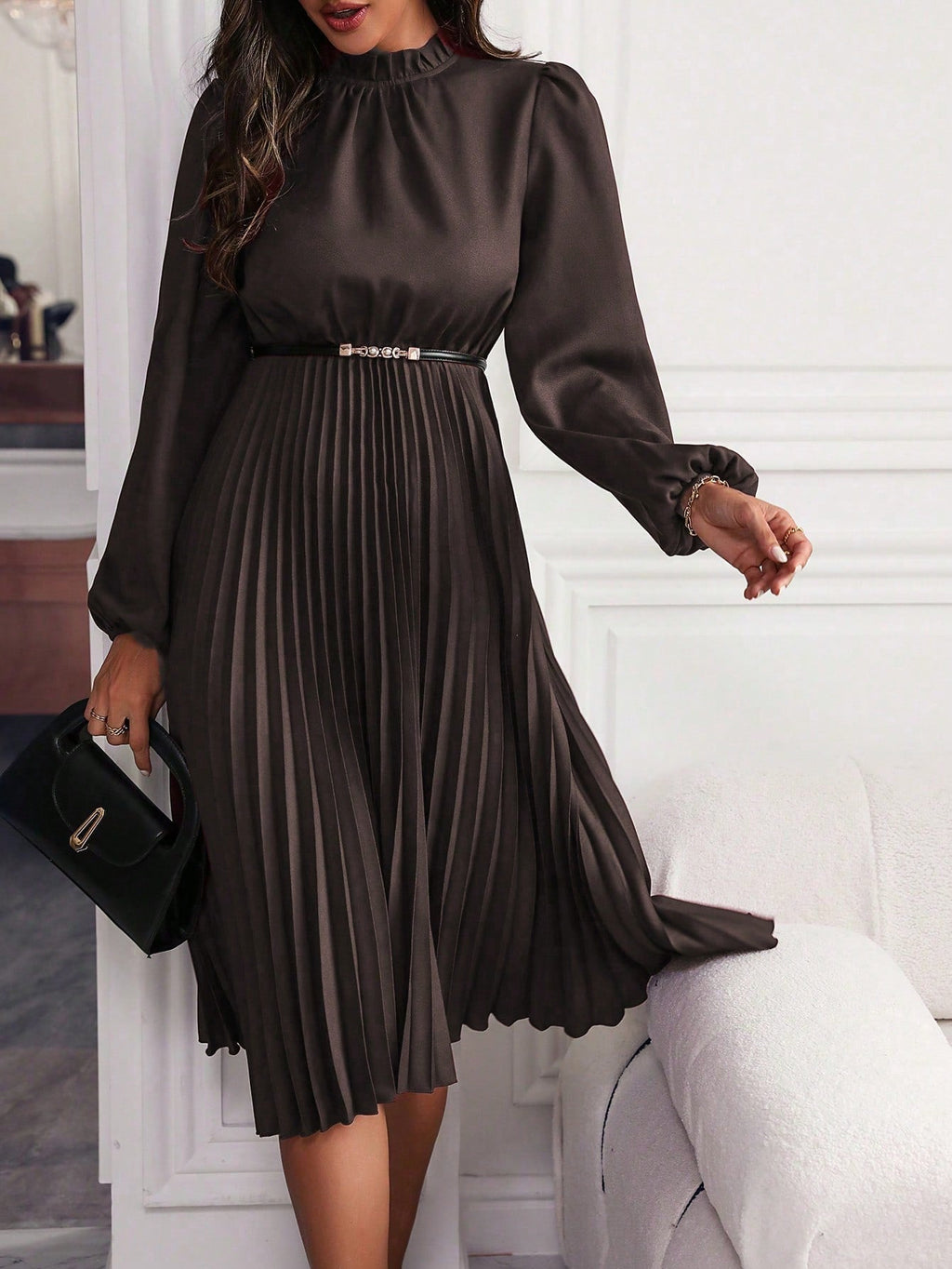 Women's Lantern Sleeve Maxi Dress – Pleated Hem Belted A-Line Dress