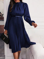 Women's Lantern Sleeve Maxi Dress – Pleated Hem Belted A-Line Dress