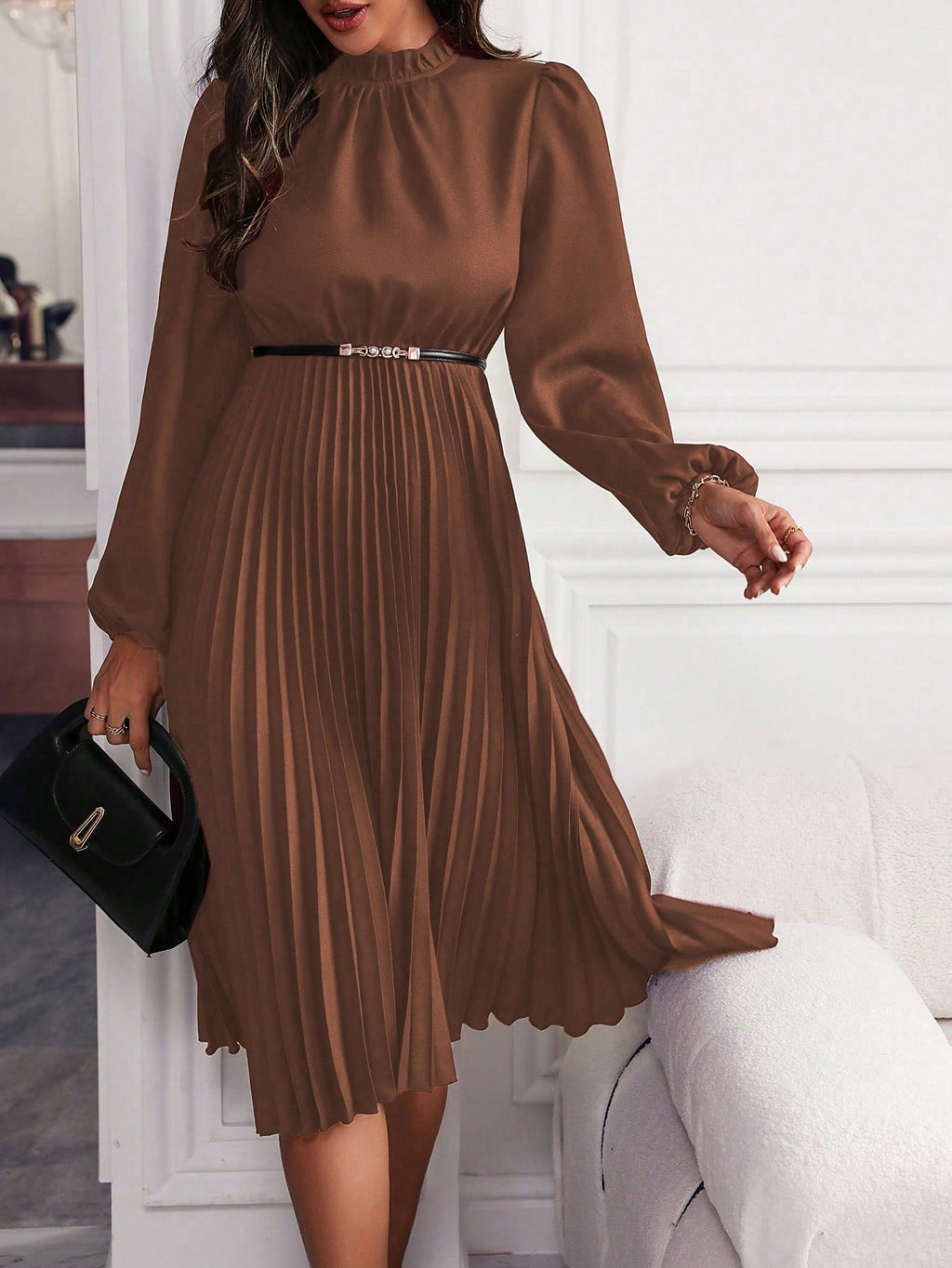 Women's Lantern Sleeve Maxi Dress – Pleated Hem Belted A-Line Dress