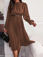 Women's Lantern Sleeve Maxi Dress – Pleated Hem Belted A-Line Dress