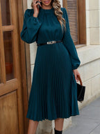 Women's Lantern Sleeve Maxi Dress – Pleated Hem Belted A-Line Dress
