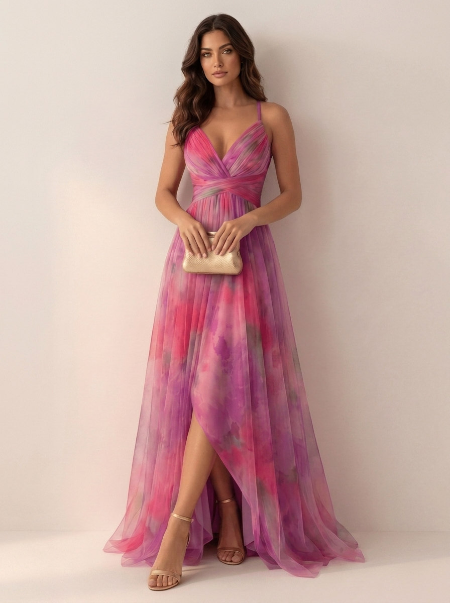 Women's Watercolor Maxi Dress – V-Neck Occasion Dress