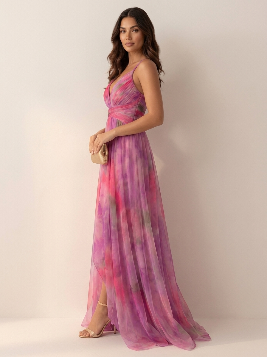 Women's Watercolor Maxi Dress – V-Neck Occasion Dress