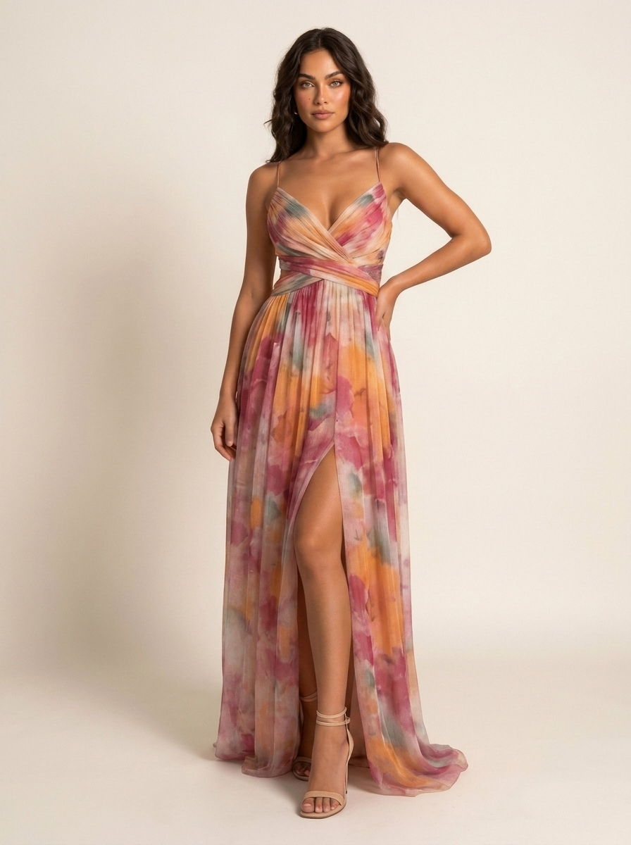 Women's Watercolor Maxi Dress – V-Neck Occasion Dress