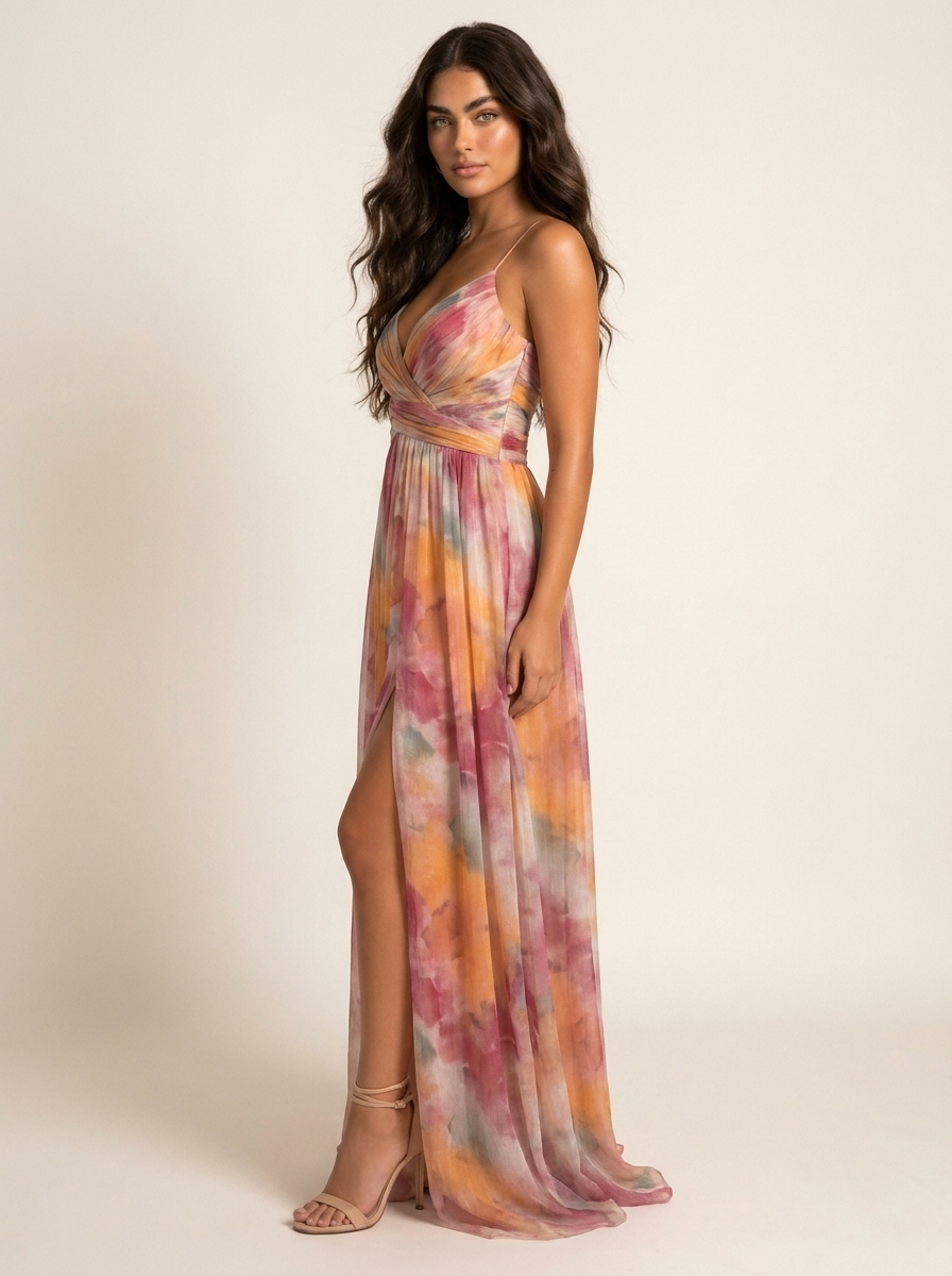 Women's Watercolor Maxi Dress – V-Neck Occasion Dress