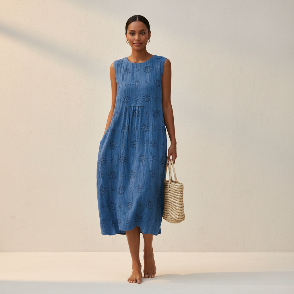 Women's Embroidered Midi Dress – Sleeveless Summer Dress