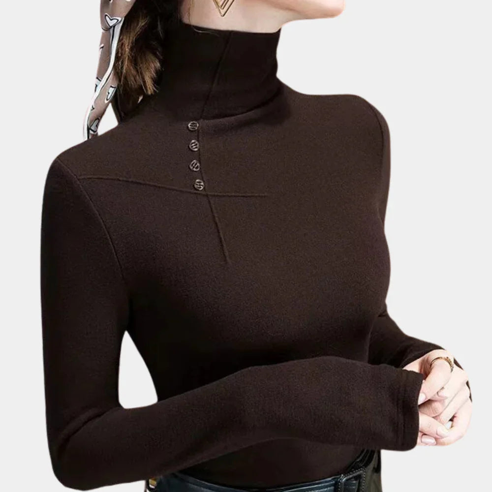 Women's Mocha High Neck Top – Button Detail Long Sleeve Top