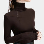 Women's Mocha High Neck Top – Button Detail Long Sleeve Top