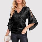 Women's V-Neck Wide Sleeve Blouse – Loose Fit Shiny Evening Blouse