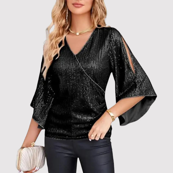 Women's V-Neck Wide Sleeve Blouse – Loose Fit Shiny Evening Blouse