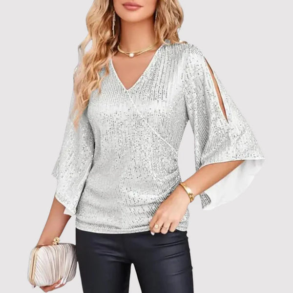 Women's V-Neck Wide Sleeve Blouse – Loose Fit Shiny Evening Blouse