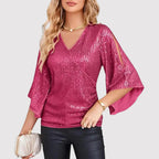 Women's V-Neck Wide Sleeve Blouse – Loose Fit Shiny Evening Blouse