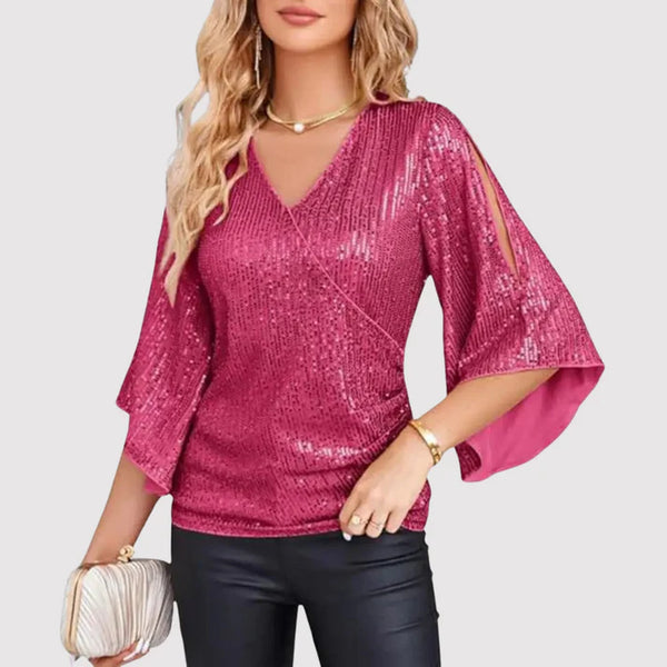 Women's V-Neck Wide Sleeve Blouse – Loose Fit Shiny Evening Blouse