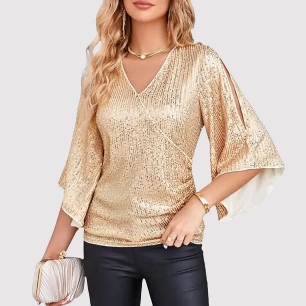 Women's V-Neck Wide Sleeve Blouse – Loose Fit Shiny Evening Blouse