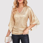 Women's V-Neck Wide Sleeve Blouse – Loose Fit Shiny Evening Blouse