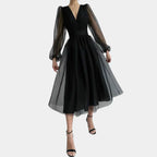 Women's V-Neck Wedding Guest Midi Dress – Lantern Sleeve Lace Detail Dress