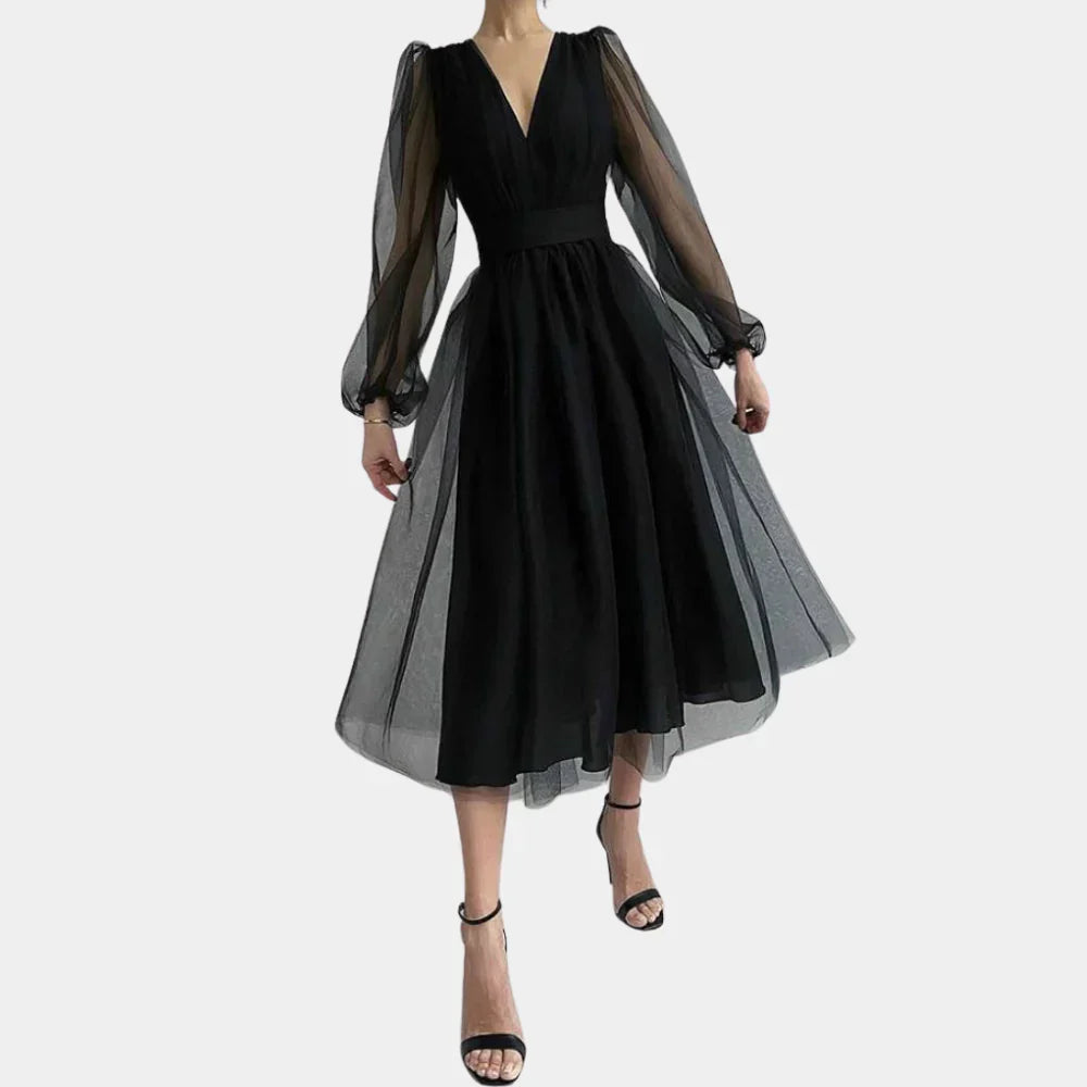 Women's V-Neck Wedding Guest Midi Dress – Lantern Sleeve Lace Detail Dress