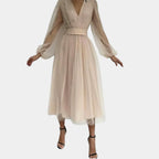 Women's V-Neck Wedding Guest Midi Dress – Lantern Sleeve Lace Detail Dress
