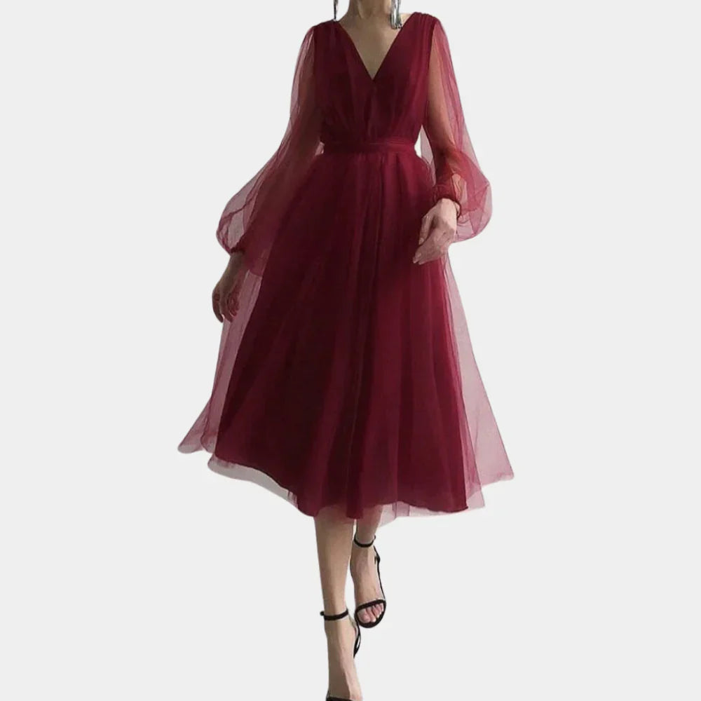 Women's V-Neck Wedding Guest Midi Dress – Lantern Sleeve Lace Detail Dress