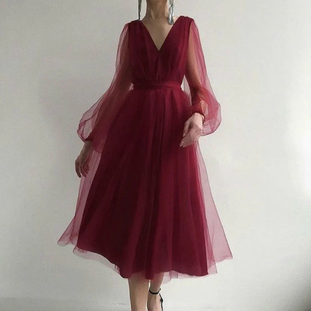 Women's V-Neck Wedding Guest Midi Dress – Lantern Sleeve Lace Detail Dress