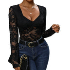 Women's Sheer Floral Bodysuit – Deep V-Neck Lace Long Sleeve Bodysuit